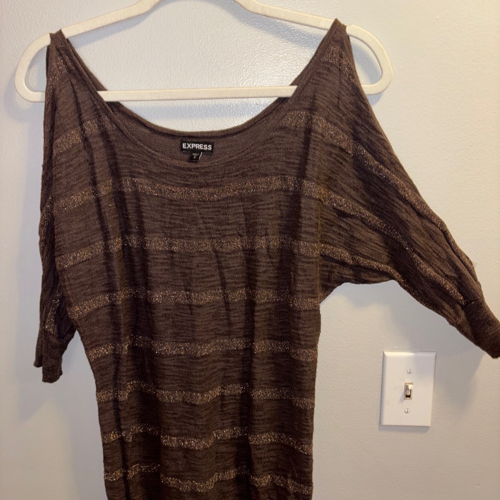 Express Chocolate Brown Striped light sweater cold shoulder